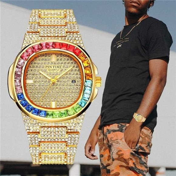 Luxury Bling-ed Out Colorful Diamond Watches Quartz Analog Stainless Steel Band - Picture 2 of 5